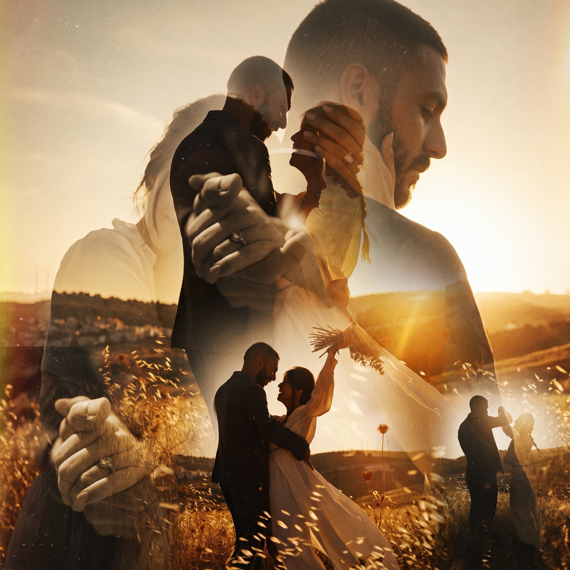O casal em contraluz durante o pôr do sol